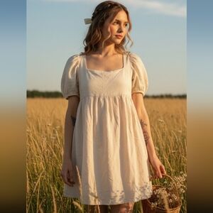 Jacquie the Label Beige Puff Sleeve Mini Babydoll Dress Medium